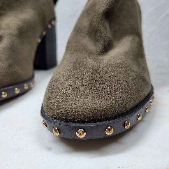 Forever 21 Suede Boots Womens 7 Green Leather Gold Rivets Block Heel Zipper New - Picture 11 of 16